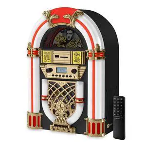 Arkrocket x Mini Jukebox/Tabletop CD Player/Bluetooth Speaker/Radio/USB and SD Card Player with Retro LED Lighting System (Limitied Edition), Black Gloden Arkrocket x Mini Jukebox/Tabletop CD Player/Bluetooth Speaker/Radio/USB and SD Card Player with Retro LED Lighting System (Limitied Edition), Black Gloden