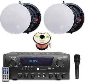 Home Audio Sound System Kit - 1000 W Bluetooth Amplifier w/ 2 Qty of 8" Frameless Ceiling Speakers 300 W Each, Mic, 50 ft Speaker Wire & Remote Perfect for Home, Office, Restaurant, Bar Home Audio Sound System Kit - 1000 W Bluetooth Amplifier w/ 2 Qty of 8" Frameless Ceiling Speakers 300 W Each, Mic, 50 ft Speaker Wire & Remote Perfect for Home, Office, Restaurant, Bar