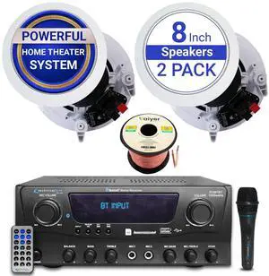 Home Audio Sound System Kit, 1000 W Bluetooth Amplifier | w/ 2 Qty of 8" Framed Ceiling Speakers 300 W Each, Mic, 50 ft Speaker Wire & Remote Perfect for Home, Office, Restaurant, Bar Home Audio Sound System Kit, 1000 W Bluetooth Amplifier | w/ 2 Qty of 8" Framed Ceiling Speakers 300 W Each, Mic, 50 ft Speaker Wire & Remote Perfect for Home, Office, Restaurant, Bar