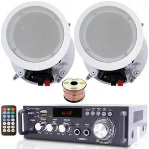 Home Theater System Kit 2 ch, 600 Watts Bluetooth Amplifier | w/ 2 Qty of 8" Framed Ceiling Speakers 300 W Each, 50 ft Speaker Wire & Remote Perfect for Home, Restaurant Use Home Theater System Kit 2 ch, 600 Watts Bluetooth Amplifier | w/ 2 Qty of 8" Framed Ceiling Speakers 300 W Each, 50 ft Speaker Wire & Remote Perfect for Home, Restaurant Use