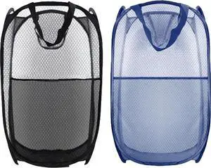 Collapsible Pop Up Laundry Hamper, Extra Large Mesh Foldable Laundry Basket Bag, 28" x 16" x 16", 2 Pack (Black + Blue) Collapsible Pop Up Laundry Hamper, Extra Large Mesh Foldable Laundry Basket Bag, 28" x 16" x 16", 2 Pack (Black + Blue)