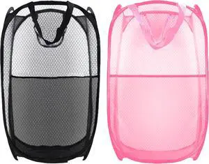 Collapsible Pop Up Laundry Hamper, Extra Large Mesh Foldable Laundry Basket Bag, 28" x 16" x 16", 2 Pack (Black + Pink) Collapsible Pop Up Laundry Hamper, Extra Large Mesh Foldable Laundry Basket Bag, 28" x 16" x 16", 2 Pack (Black + Pink)