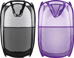 Collapsible Pop Up Laundry Hamper, Extra Large Mesh Foldable Laundry Basket Bag, 28" x 16" x 16", 2 Pack (Black + Purple) Collapsible Pop Up Laundry Hamper, Extra Large Mesh Foldable Laundry Basket Bag, 28" x 16" x 16", 2 Pack (Black + Purple)