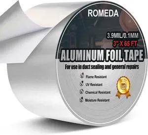 Romeda Aluminum Foil Tape, 3 inch x 65 Feet (3.9 mil), Insulation Adhesive Metal High Temperature Heavy Duty HVAC Tape, Silver for Ductwork, Dryer Vent, HVAC Romeda Aluminum Foil Tape, 3 inch x 65 Feet (3.9 mil), Insulation Adhesive Metal High Temperature Heavy Duty HVAC Tape, Silver for Ductwork, Dryer Vent, HVAC