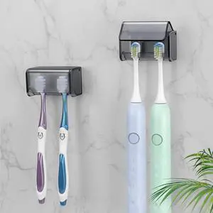 2 PCS Toothbrush Holders Wall Mounted with Cover (2, Transparent Black) 2 PCS Toothbrush Holders Wall Mounted with Cover (2, Transparent Black)