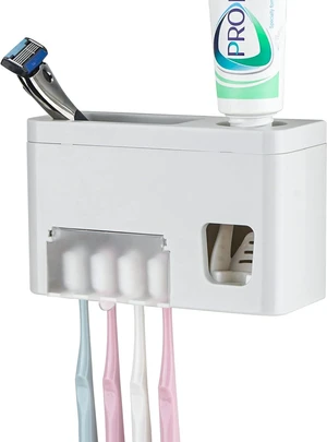 LUEXBOX Self Adhesive Toothbrush Holders Wall Mounted, Multifunction Toothpaste Stand with Covers, Automatic Toothpaste Dispenser for Bathroom, Toothbrush Hanger Rack for Dorm, Cabinet LUEXBOX Self Adhesive Toothbrush Holders Wall Mounted, Multifunction Toothpaste Stand with Covers, Automatic Toothpaste Dispenser for Bathroom, Toothbrush Hanger Rack for Dorm, Cabinet
