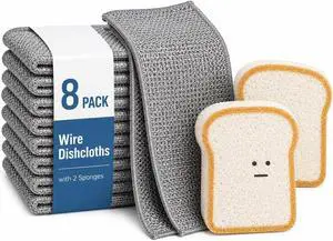 Non Scratch Wire Dishcloths 8 Pack with 2 Kitchen Sponges, Reusable Double Layer Wire Cleaning Cloths for Pots, Pans, Dishes, Sinks and Stove Tops Non Scratch Wire Dishcloths 8 Pack with 2 Kitchen Sponges, Reusable Double Layer Wire Cleaning Cloths for Pots, Pans, Dishes, Sinks and Stove Tops