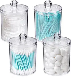 WEISHI 4 Pack Qtip Holder Dispenser - Cotton Ball, Swab, Round Pads, Floss , Small Clear Plastic Apothecary Jar Containers with Lids for Bathroom Storage and Organization, Vanity Organizer WEISHI 4 Pack Qtip Holder Dispenser - Cotton Ball, Swab, Round Pads, Floss , Small Clear Plastic Apothecary Jar Containers with Lids for Bathroom Storage and Organization, Vanity Organizer