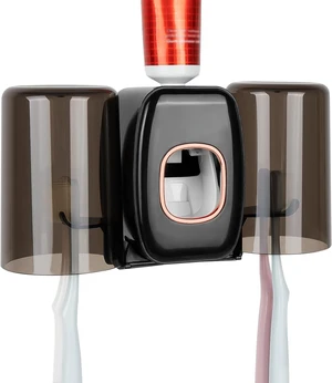 4 Slots Wall Mount Toothbrush Holder with Cover, Self Adhesive Toothbrush Storage Organizer for Shower, Toothbrush Hanger with 2 mouthwash Cups for Bathroom, Medicine Cabinet, Dorm (Black) 4 Slots Wall Mount Toothbrush Holder with Cover, Self Adhesive Toothbrush Storage Organizer for Shower, Toothbrush Hanger with 2 mouthwash Cups for Bathroom, Medicine Cabinet, Dorm (Black)