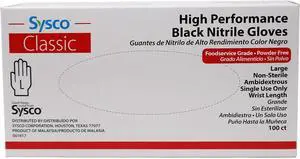 Sysco Nitrile High Performance Gloves, Powder Free, Food Grade, Disposable (100 Gloves Pack) (Large - Black) Sysco Nitrile High Performance Gloves, Powder Free, Food Grade, Disposable (100 Gloves Pack) (Large - Black)