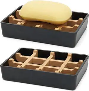 Bamboo Soap Dishes for Shower with Drainage Wooden Soap Bar Holder for Bathroom Soap Tray Easy to Clean, Durable and with Non-Slip Pads(Single Black Square) Bamboo Soap Dishes for Shower with Drainage Wooden Soap Bar Holder for Bathroom Soap Tray Easy to Clean, Durable and with Non-Slip Pads(Single Black Square)