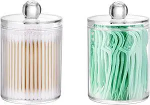 DAPOWER 2 Pack Qtip Holder Storage Canister for Cotton Ball, Cotton Swab, Pads, Floss; 10-Ounce Clear Plastic Apothecary Jar with Lid, Bathroom Makeup Organizer (2) DAPOWER 2 Pack Qtip Holder Storage Canister for Cotton Ball, Cotton Swab, Pads, Floss; 10-Ounce Clear Plastic Apothecary Jar with Lid, Bathroom Makeup Organizer (2)