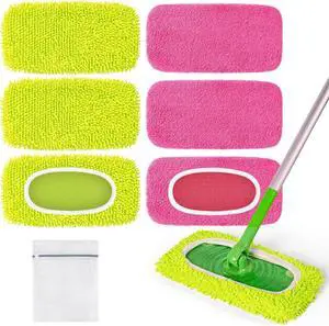 6 Pack Reusable Mop Pads for Swiffer, Washable Wet Pads Refill, Green&Pink 6 Pack Reusable Mop Pads for Swiffer, Washable Wet Pads Refill, Green&Pink