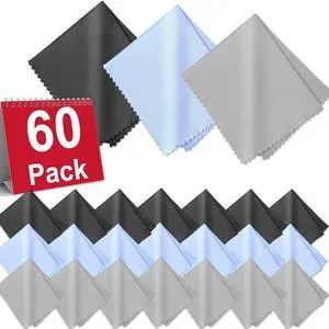 60-Pack Microfiber Cleaning Cloths for Glasses, 6x7 Inch Premium Lens Cleaning Cloth for Screens, Cameras, Eyeglasses, Cell Phone, LCD TV ScreensBlackGrey and Light Blue 60-Pack Microfiber Cleaning Cloths for Glasses, 6x7 Inch Premium Lens Cleaning Cloth for Screens, Cameras, Eyeglasses, Cell Phone, LCD TV ScreensBlackGrey and Light Blue