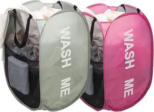 Larpur Pop Up Laundry Baskets, 2 Pack Mesh Laundry Hampers with Handles, Collapsible Clothes Hampers Mesh Basket for Home, Dorm, Travel (Gray + Pink) Larpur Pop Up Laundry Baskets, 2 Pack Mesh Laundry Hampers with Handles, Collapsible Clothes Hampers Mesh Basket for Home, Dorm, Travel (Gray + Pink)