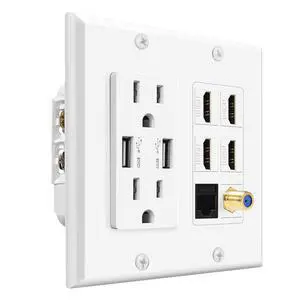 TNP HDMI Wall Outlet, 4 HDMI Media Plate with Cat6, Coax, USB, White | White 2-Gang Media Outlet Wall Plate with Two 15A Power Outlets, Two Usb-A Ports, 4 Hdmi Ports, Cat6 and Coax TNP HDMI Wall Outlet, 4 HDMI Media Plate with Cat6, Coax, USB, White | White 2-Gang Media Outlet Wall Plate with Two 15A Power Outlets, Two Usb-A Ports, 4 Hdmi Ports, Cat6 and Coax