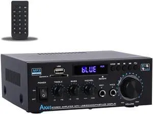 Stereo Audio Amplifier Upgraded AK45 Pro Bluetooth Receiver for Home Stereo, 400W 2 Channel Wireless Bluetooth 5.0 Power Amplifier System with FM Radio, USB, SD Card, and Remote Control Stereo Audio Amplifier Upgraded AK45 Pro Bluetooth Receiver for Home Stereo, 400W 2 Channel Wireless Bluetooth 5.0 Power Amplifier System with FM Radio, USB, SD Card, and Remote Control
