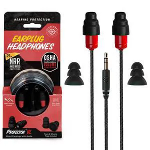 Protector Volume Limited Audio Earbuds, OSHA Compliant Earplugs with Sound, Black & Red Protector Volume Limited Audio Earbuds, OSHA Compliant Earplugs with Sound, Black & Red