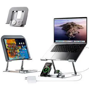 Adjustable Laptop Stand with Wireless Charger, Qi2 15W, 4in1 | Qi2 15W fast charging for phone and watch. 3-in-1 station with LED light. Fits 10-17.3 inch laptops. Foldable, holds 22lb Adjustable Laptop Stand with Wireless Charger, Qi2 15W, 4in1 | Qi2 15W fast charging for phone and watch. 3-in-1 station with LED light. Fits 10-17.3 inch laptops. Foldable, holds 22lb