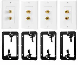 4 Pack 1.0 Speaker Wall Plates with Low Voltage Mounting Bracket | 2-Port Gold Plated Binding Posts Banana Plug Plate for Audio Sound, Speaker Wire, Home Theater Systems, 1-Gang White 4 Pack 1.0 Speaker Wall Plates with Low Voltage Mounting Bracket | 2-Port Gold Plated Binding Posts Banana Plug Plate for Audio Sound, Speaker Wire, Home Theater Systems, 1-Gang White