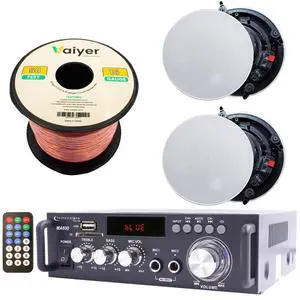 Home Stereo System Kit - 2 Channel 600 W Bluetooth Amplifier, 2 Qty of 8" Frameless Ceiling Speakers 300 W Each, 50 ft Speaker Wire & Remote for Living Room, Office, Commercial, Bar Home Stereo System Kit - 2 Channel 600 W Bluetooth Amplifier, 2 Qty of 8" Frameless Ceiling Speakers 300 W Each, 50 ft Speaker Wire & Remote for Living Room, Office, Commercial, Bar