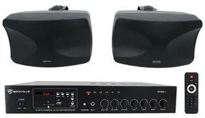 RCS80-1 70V Commercial Amp with Black WET-44 PRO Speaker Pair | 60W RMS, Bluetooth, USB/SD, FM, 2 Mic Inputs, WET-44 PRO Dual 4" 4-Way Swivel Speakers, Bass/Treble Controls, Remote, 2-Items RCS80-1 70V Commercial Amp with Black WET-44 PRO Speaker Pair | 60W RMS, Bluetooth, USB/SD, FM, 2 Mic Inputs, WET-44 PRO Dual 4" 4-Way Swivel Speakers, Bass/Treble Controls, Remote, 2-Items