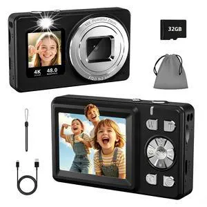 Digital Camera, 4K 48MP Autofocus Dual Screen for Selfies, 18X Zoom Fill Light, Portable Point and Shoot Camera with 32GB SD Card for Kids, Teens, Girls, Boys- Black Digital Camera, 4K 48MP Autofocus Dual Screen for Selfies, 18X Zoom Fill Light, Portable Point and Shoot Camera with 32GB SD Card for Kids, Teens, Girls, Boys- Black