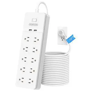 25 Ft Extension Cord,Power Strip with 10 Widely Spaced Outlets 2 USB Ports, Overload Protection, Wall Mountable for Indoor, Home, Office or Garage,White 25 Ft Extension Cord,Power Strip with 10 Widely Spaced Outlets 2 USB Ports, Overload Protection, Wall Mountable for Indoor, Home, Office or Garage,White