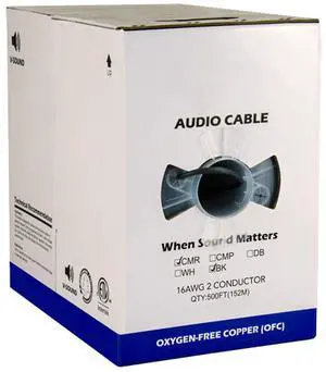 Audio Cable, 16AWG, 2 Conductor, 65 Strand, 500 ft, PVC Jacket, Pull Box, Black Audio Cable, 16AWG, 2 Conductor, 65 Strand, 500 ft, PVC Jacket, Pull Box, Black