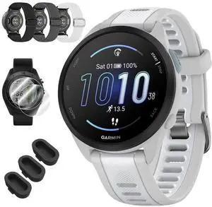 Forerunner 165 Smart Sport Watch, Mist Gray + Whitestone 010-02863-21 Bundle with Deco Essentials 3X Nylon Elastic Bands, 3X Silicone Dust Cover and 2X Screen Protector Forerunner 165 Smart Sport Watch, Mist Gray + Whitestone 010-02863-21 Bundle with Deco Essentials 3X Nylon Elastic Bands, 3X Silicone Dust Cover and 2X Screen Protector