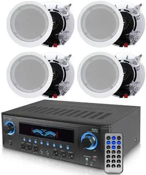 Home Theater System Kit with 1000 Watts 4-Chanel Bluetooth Receiver | 4 Qty 6.5" 200 Watts in-Wall in-Ceiling Speakers of 2-Way Stereo Sound with Woofer/Tweeter, Flush Design by Home Theater System Kit with 1000 Watts 4-Chanel Bluetooth Receiver | 4 Qty 6.5" 200 Watts in-Wall in-Ceiling Speakers of 2-Way Stereo Sound with Woofer/Tweeter, Flush Design by
