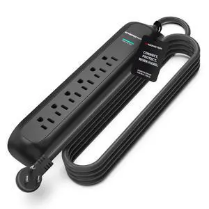 Surge Protector Power Strip, 6 Outlet, 300 Joules, 120V/15A, 15 ft Extension Cord with Right Angle Plug, On/Off Switch, LED Indicators, Black Surge Protector Power Strip, 6 Outlet, 300 Joules, 120V/15A, 15 ft Extension Cord with Right Angle Plug, On/Off Switch, LED Indicators, Black