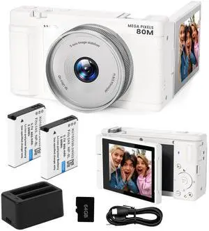 5K Digital-Cameras Flip Screen for Photography,Upgraded Autofocus 80MP Vlogging Camera for YouTube, 3" 270° Dual Lens Selfie Camera with18x Digital Zoom, 64GB SD Card, 2 Batteries & Charger,White 5K Digital-Cameras Flip Screen for Photography,Upgraded Autofocus 80MP Vlogging Camera for YouTube, 3" 270° Dual Lens Selfie Camera with18x Digital Zoom, 64GB SD Card, 2 Batteries & Charger,White