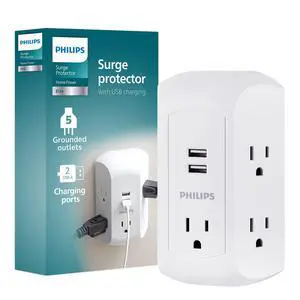 5-Outlet Extender, Grounded Wall Tap, 3-Prong, 2 USB-A | Surge Protector, Adapter Spaced Outlets, Side Access, 560 Joules, Quick and Easy Install, White, SPS5002WA/37 5-Outlet Extender, Grounded Wall Tap, 3-Prong, 2 USB-A | Surge Protector, Adapter Spaced Outlets, Side Access, 560 Joules, Quick and Easy Install, White, SPS5002WA/37