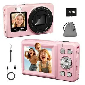 Digital Camera, 4K 48MP Autofocus Dual Screen for Selfies, 18X Zoom Fill Light, Portable Point and Shoot Travel Camera with 32GB SD Card for Kids, Teens, Girls, Boys- Pink Digital Camera, 4K 48MP Autofocus Dual Screen for Selfies, 18X Zoom Fill Light, Portable Point and Shoot Travel Camera with 32GB SD Card for Kids, Teens, Girls, Boys- Pink