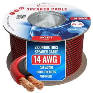 Speaker Cable 50FT 14AWG 2 Conductors (14/2) CL3 Rated CCA (Copper Clad Aluminum) Black and Red Jacket Compatible with Low Voltage LED Wire, Car Audio, Home Theater Speaker Cable 50FT 14AWG 2 Conductors (14/2) CL3 Rated CCA (Copper Clad Aluminum) Black and Red Jacket Compatible with Low Voltage LED Wire, Car Audio, Home Theater