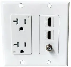 20Amp Power Outlet with 2 HDMI Coax Wall Plate - Power Outlet with 2 Port HDMI Keystone Jack, 1 Coax Cable TV F Type 20Amp Power Outlet with 2 HDMI Coax Wall Plate - Power Outlet with 2 Port HDMI Keystone Jack, 1 Coax Cable TV F Type