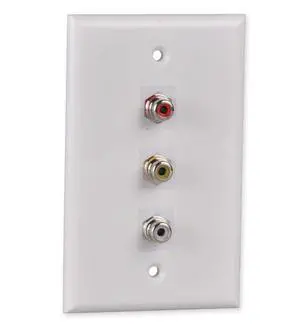 RCA Wall Plate, White 3-Port RCA Wall Plate with Removable F/F RCA Keystone Jack Inserts for Composite Audio/Video RCA Wall Plate, White 3-Port RCA Wall Plate with Removable F/F RCA Keystone Jack Inserts for Composite Audio/Video