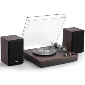 Record Player, 3 Speed Turntable with Two 15W External Speakers, Bluetooth Input, Aux-in, USB Playback& LP-MP3 Recording, Vintage Vinyl Player, Dark Brown Wood Record Player, 3 Speed Turntable with Two 15W External Speakers, Bluetooth Input, Aux-in, USB Playback& LP-MP3 Recording, Vintage Vinyl Player, Dark Brown Wood