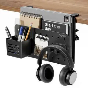 Under Desk Storage Organizer, Laptop Holder for 0.4"-2.2" Desk Edge, Black | Holds 22lbs, Clamp on Desk Organizer with Pegboard Design, Fits 0.4"-2.2" Desktop Edge Under Desk Storage Organizer, Laptop Holder for 0.4"-2.2" Desk Edge, Black | Holds 22lbs, Clamp on Desk Organizer with Pegboard Design, Fits 0.4"-2.2" Desktop Edge