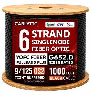 6 Strand Fiber Optic Cable 1000FT | OS2 Singlemode 9/125 G652.D | Indoor/Outdoor, YOFC Fullband Plus Fiber, Black, Riser Rated, Spool, UL 6 Strand Fiber Optic Cable 1000FT | OS2 Singlemode 9/125 G652.D | Indoor/Outdoor, YOFC Fullband Plus Fiber, Black, Riser Rated, Spool, UL