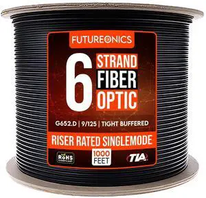 6 Strand Indoor/Outdoor Fiber Optic Cable, OS2 9/125 Singlemode, G652.D, Black, Riser Rated, Spool, 1000 Feet 6 Strand Indoor/Outdoor Fiber Optic Cable, OS2 9/125 Singlemode, G652.D, Black, Riser Rated, Spool, 1000 Feet