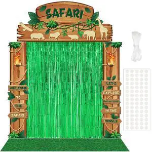7 Pcs Safari Jungle Party Decor, Entryway Decor Photo Background | Rainforest Themed Party Porch Banners, Green Rug, Green Foil Fringe Backdrop Curtains, for Wild Animals Birthday 7 Pcs Safari Jungle Party Decor, Entryway Decor Photo Background | Rainforest Themed Party Porch Banners, Green Rug, Green Foil Fringe Backdrop Curtains, for Wild Animals Birthday