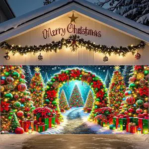 Christmas Garage Door Cover 6x13 Ft Polyester Xmas | Holiday Decor, Festive Display, Garage Door Christmas Cover, Front Door Decor, Home, Party, Store (Tree Arch Pathway) Christmas Garage Door Cover 6x13 Ft Polyester Xmas | Holiday Decor, Festive Display, Garage Door Christmas Cover, Front Door Decor, Home, Party, Store (Tree Arch Pathway)