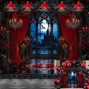 Halloween Gothic Castle Backdrop Banner 7x5FT Vampire Haunted Mansion Photography Background Red Curtain Candle Moon Bat Spooky Window Halloween Party Decorations Horror Photo Booth Props Halloween Gothic Castle Backdrop Banner 7x5FT Vampire Haunted Mansion Photography Background Red Curtain Candle Moon Bat Spooky Window Halloween Party Decorations Horror Photo Booth Props