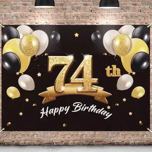 Happy 74th Birthday Banner Backdrop - 74 Birthday Party Decorations Supplies for Men - Black Gold 4 x 6ft Happy 74th Birthday Banner Backdrop - 74 Birthday Party Decorations Supplies for Men - Black Gold 4 x 6ft
