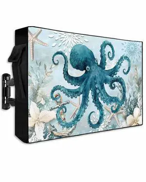 Blue Ocean Octopus Outdoor TV Cover for Outside Flat Screen Televisions,Retro Marine Starfish Waterproof TV Screen Protector with Zipper for 60 to 65 Inch Screens,Nautical Flower Blue Ocean Octopus Outdoor TV Cover for Outside Flat Screen Televisions,Retro Marine Starfish Waterproof TV Screen Protector with Zipper for 60 to 65 Inch Screens,Nautical Flower