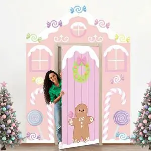 4 Pcs Gingerbread House Door Cover Christmas Backdrop Photo Booth | Pastel Candy Pink Theme, Porch Sign Decoration, Holiday Party Decor, Xmas Gingerbread Design for Home Classroom 4 Pcs Gingerbread House Door Cover Christmas Backdrop Photo Booth | Pastel Candy Pink Theme, Porch Sign Decoration, Holiday Party Decor, Xmas Gingerbread Design for Home Classroom