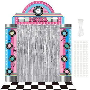 7 Pcs 1950s Party Decorations Retro Diner Backdrop Silver Fringe | Black White Checkered Floor, Sock Hop Rock Roll Theme, 50s Birthday Photo Booth Props, Music Dance Decor 7 Pcs 1950s Party Decorations Retro Diner Backdrop Silver Fringe | Black White Checkered Floor, Sock Hop Rock Roll Theme, 50s Birthday Photo Booth Props, Music Dance Decor