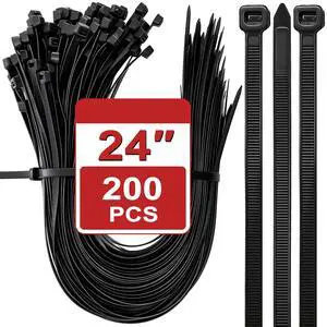 200 Pack 24 Inch Heavy Duty Zip Ties, Black Long Cable Ties, Extra Large Self-Locking Wire Ties, Nylon Ties Wraps for Indoor and Outdoor Use, 155 LBS Tensile Strength, UV Resistant 200 Pack 24 Inch Heavy Duty Zip Ties, Black Long Cable Ties, Extra Large Self-Locking Wire Ties, Nylon Ties Wraps for Indoor and Outdoor Use, 155 LBS Tensile Strength, UV Resistant